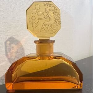 Antique Heinrich Hoffmann Amber/Yellow Perfume Bottle and Stopper- Venus & Cupid